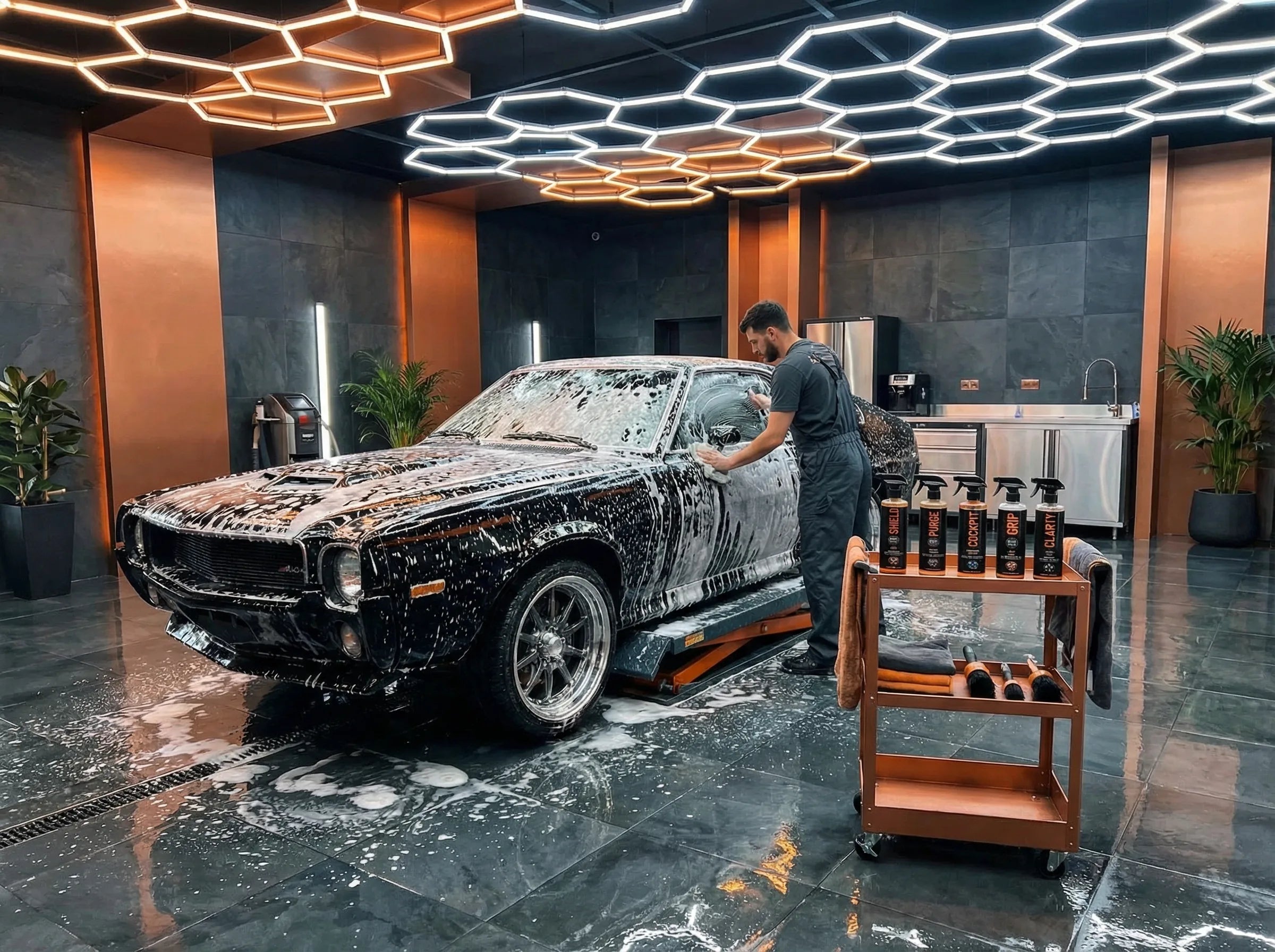 Professional detailer foam-washing a classic muscle car in a premium Riot Garage detailing bay, with Riot Line products on the cart