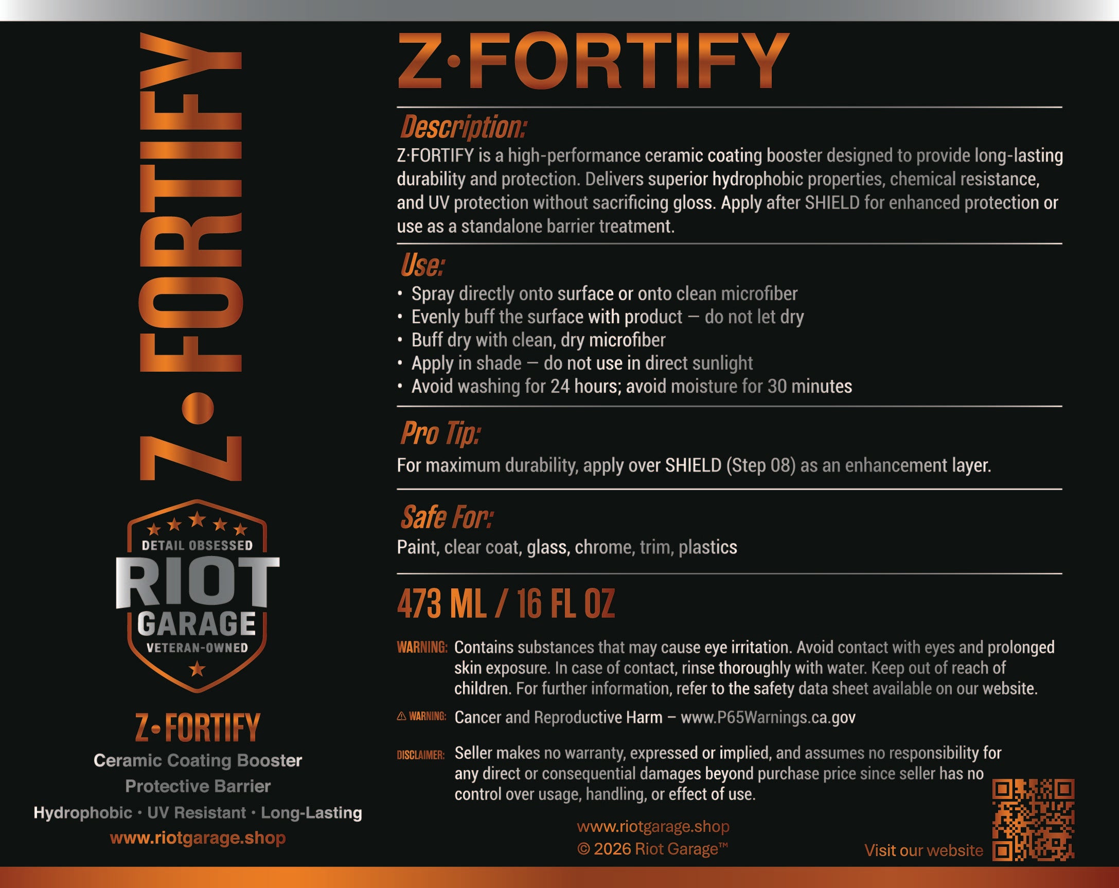 Z-Fortify Aviation-Grade Ceramic Spray — 16 oz bottle, back view