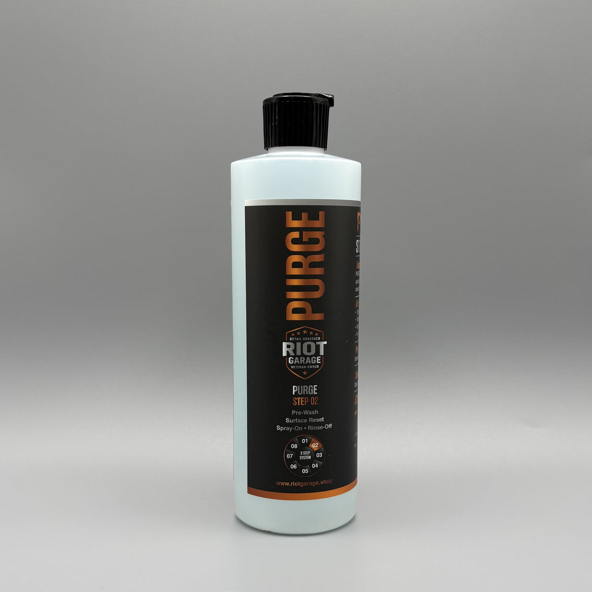 PURGE Step 02 APC Pre-Clean 16 oz bottle by Riot Garage — spray-on rinse-off pre-wash that breaks down traffic film and road grime