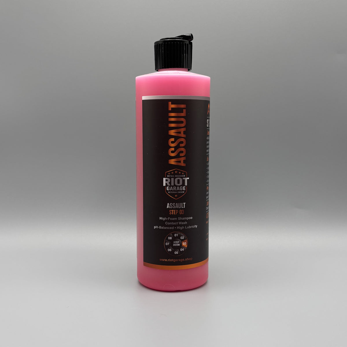 ASSAULT Step 03 High-Foam Shampoo 16 oz bottle by Riot Garage — pH-balanced, high-lubricity foam cannon shampoo