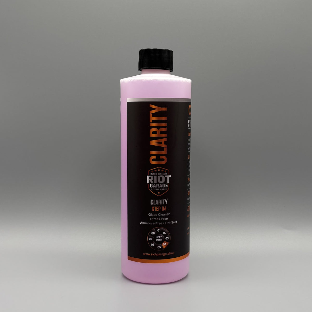 CLARITY Step 04 Glass Cleaner 16 oz bottle by Riot Garage — streak-free ammonia-free formula, safe on tint and touchscreens
