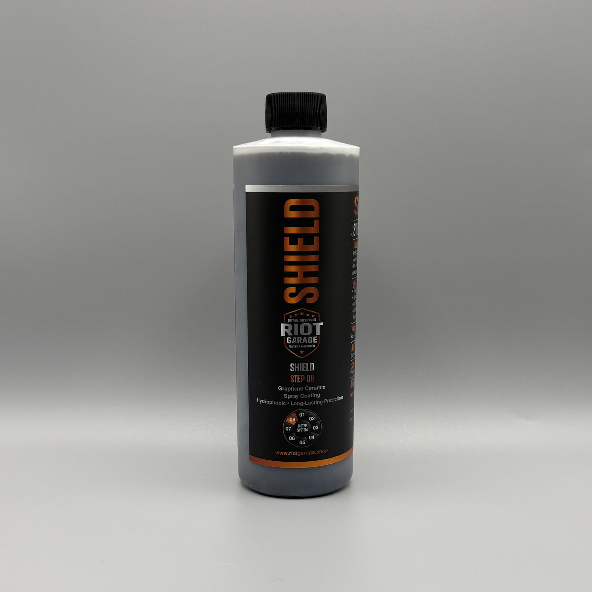 SHIELD Step 08 Graphene Ceramic Coating 16 oz bottle by Riot Garage — hydrophobic graphene ceramic spray with UV protection and gloss