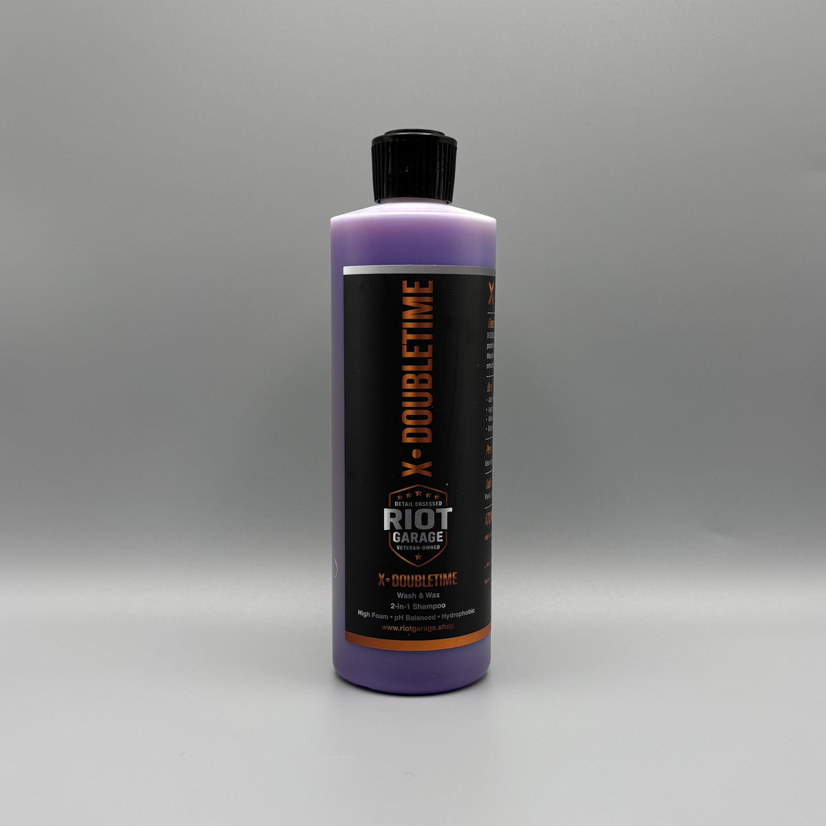 X·DOUBLETIME Wash & Wax 16 oz bottle by Riot Garage — two-in-one pH-balanced shampoo with hydrophobic wax protection