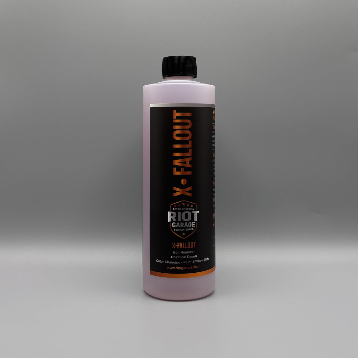 X·FALLOUT Iron Remover 16 oz bottle by Riot Garage — color-changing chemical decontamination, paint and wheel safe