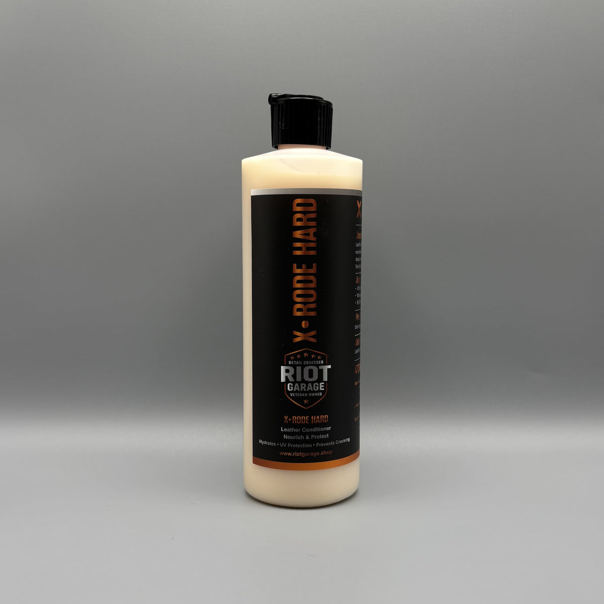 X·RODE HARD Leather Conditioner 16 oz bottle by Riot Garage — hydrates and restores leather, UV protection, prevents cracking