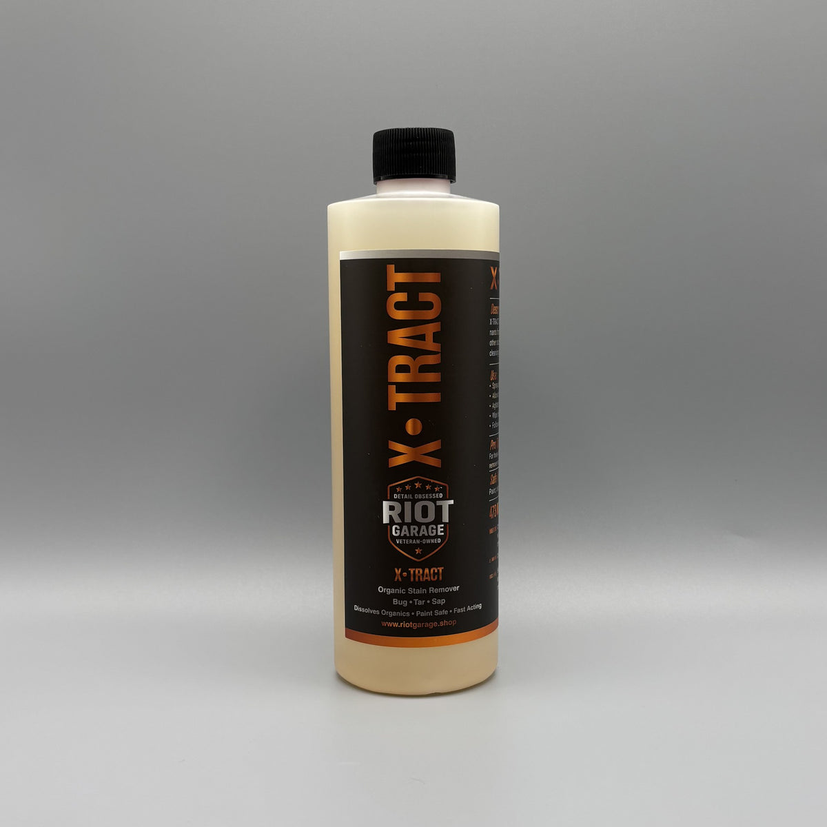 X·TRACT Bug, Tar & Sap Remover 16 oz bottle by Riot Garage — dissolves organic contaminants, paint safe